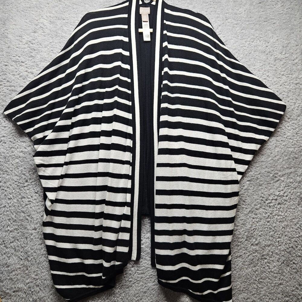 Chico's Black White Kimono Cardigan Sweater One Size Neutral Modern